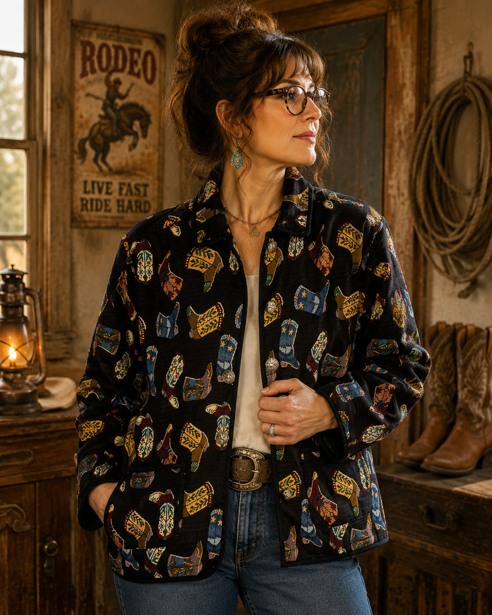 Vintage 1990's Jane Ashley M Cowboy Boot Tapestry Jacket Western Concho Rodeo